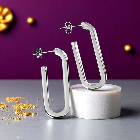 πSleek 18K White Gold Plated Stainless Steel Modern U-Shape Statement Earrings - Picture 5 of 10